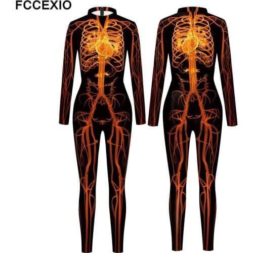 FCCEXIO Skull Organ Leakage Print Halloween Cosplay Fancy Dress Sexy Jumpsuit Plus Size Long Sleeve Cosplay New Adult Jumpsuit