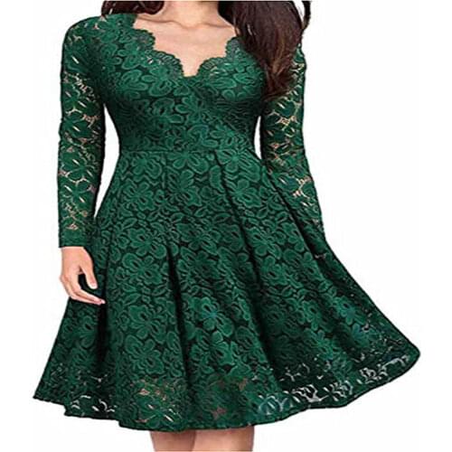 Summer Cotton Womens Dress V-Neck Long Sleeve Pullover Lace Solid Fashion Office Lady Dress
