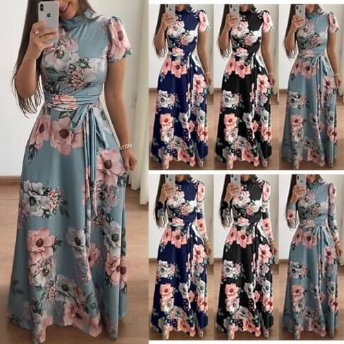 Ladies Summer Bohemian Floral Print Long Dress Casual Short-sleeved Tie Long Dress Elegant Ladies Party Gown XL 5XL