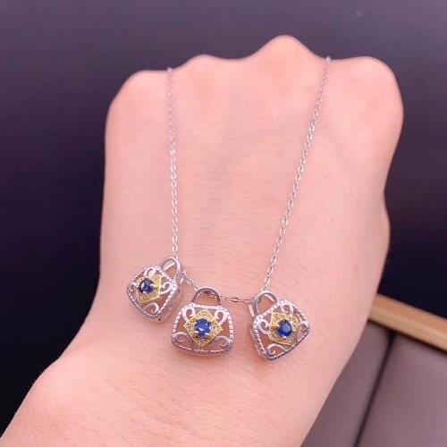 Treasure chest style natural sapphire pendent of women necklace real 925 silver natural gem lucky birthstone wallet gift