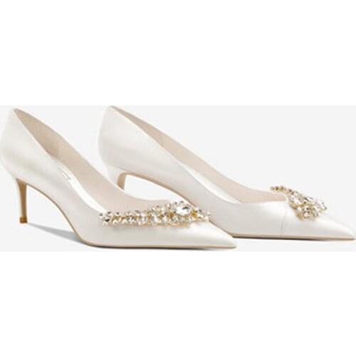 2021 spring silk banquet dress shoes large size rhinestone white bridal wedding shoes stiletto pointed pump womens shoes