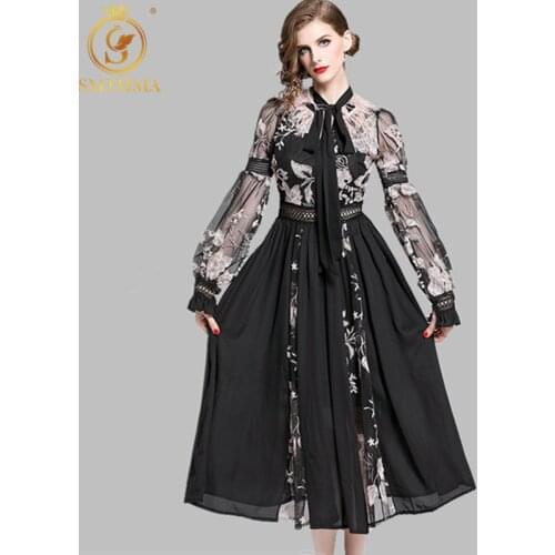 2021 New Spring Fashion Luxury Design Runway Black Lantern Sleeve Dress Womens Long Sleeve Feathers Flower Embroidery Dresses