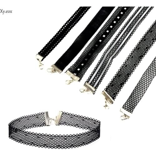 6pcs/Set Gothic Black Fishnet Mesh Velvet Tattoo Lace Collar Choker Necklace