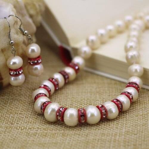 9-10mm natural white freshwater cultured pearl beads chain necklace earrings diy women new fahsion diy jewelry set 18inch B3105