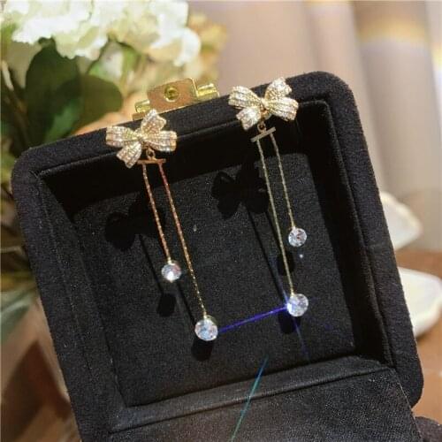 ALLNEWME Stylish Gold Colour Small Cross Knotted Earrings for Women Ladies Long Tassel Zircon Pendant Earrings Accessories