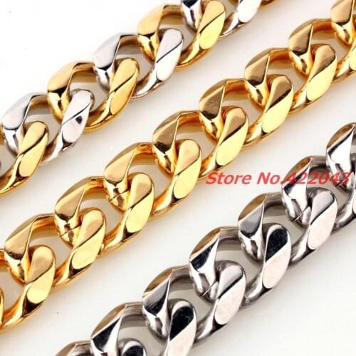 Classic Fashion Jewelry 15mm wide Charming 316L Stainless Steel Silver Gold Color Cuban Curb Chain Mens Necklace Beacelet 7-40"