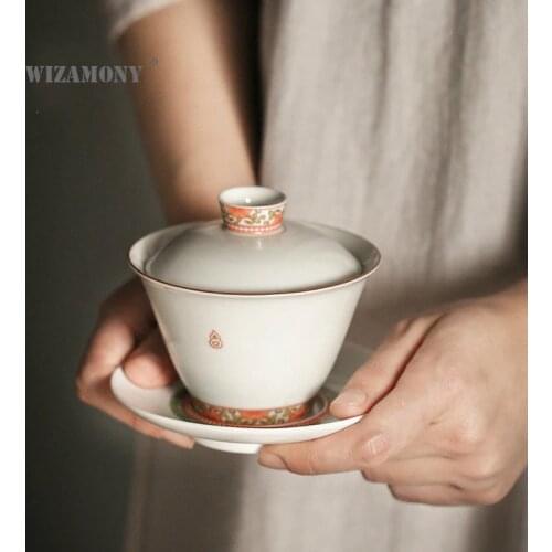 Jingdezhen Grilled Flower Ceramic Three-Force Cover Bowl Creative Imperial Palace Pattern Big Tea Bowl Kung Fu Tea Set Tea Cup