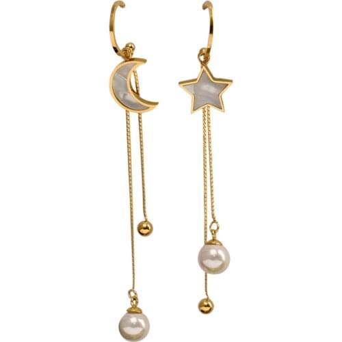 316L Stainless Steel Gold Color Moon Star Long Tassel Dangle Earrings With Pearl Ball Pendant Party Wedding Jewelry Valentines