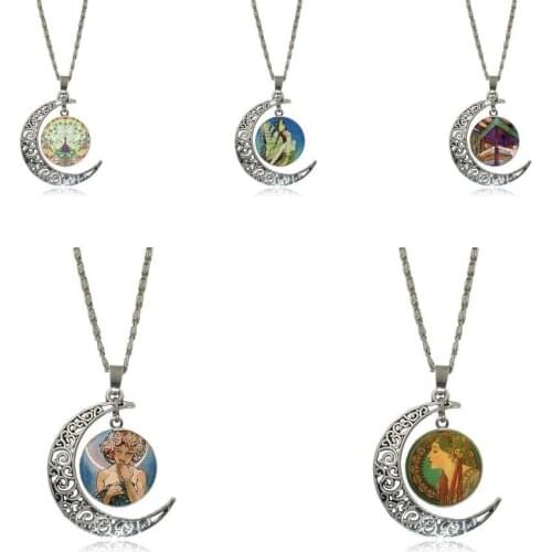 EJ Glaze For Child Silver Color Glass Cabochon With Hollow Out Moon Shaped Pendant Choker Necklace Mucha