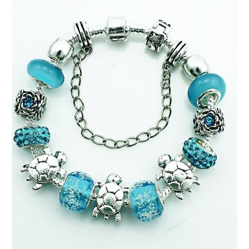 JINGLANG Fashion Female Silver Plated European Blue Rhinestone Beaded Tortoise Infinity Cuff Bracelets For Women DIY Jewelry