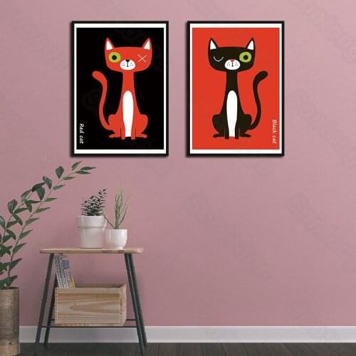 Still Life Painting Black Cat Red Cat Table Art Poster Decoration Painting Living Room Background Wall Stickers Warm Wall