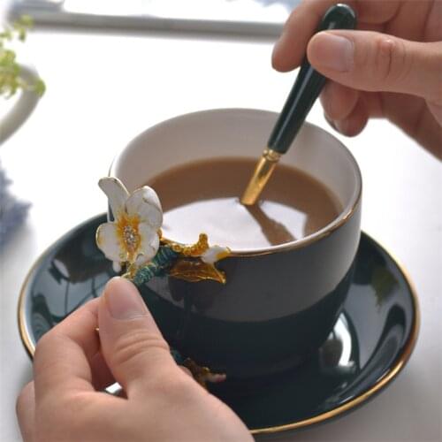 European Style Ceramic Handmade Enamel Painted 3D Flower Coffee Cup with Saucer Set Office Afternoon Teacup Porcelain Milk Mug
