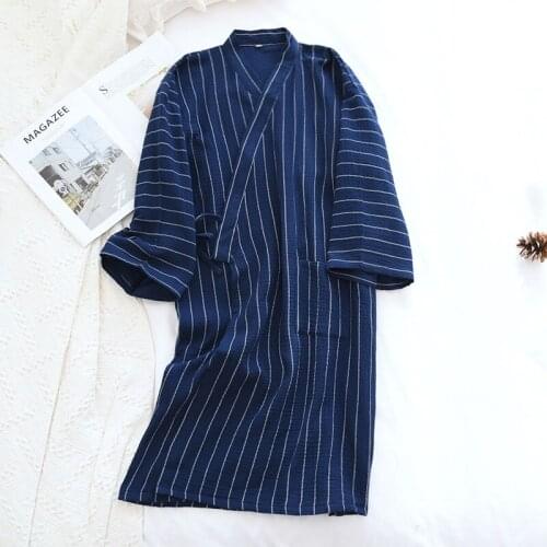 Vertical Striped Kimono Dress Traditional Robe Home Service Summer Japanese Style Cotton Thin Long Dress Pajamas Cardigan Yukata