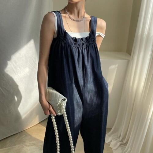 Jumpsuit womens summer new drawstring pleated loose straight tube slim casual versatile suspender wide leg pants
