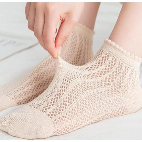 Mesh Short Socks Women Solid Cotton Breathable Summer Hollow Out Low Cut Ankle Socks Japanese Style Cute Harajuku Ruffle Socks