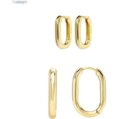 LOZOYA 925 Sterling Silver Gold Oval Huggies Thick Rectangle Hoops Earring Women Piercing Ohrringe Luxury Fashion Jewelry