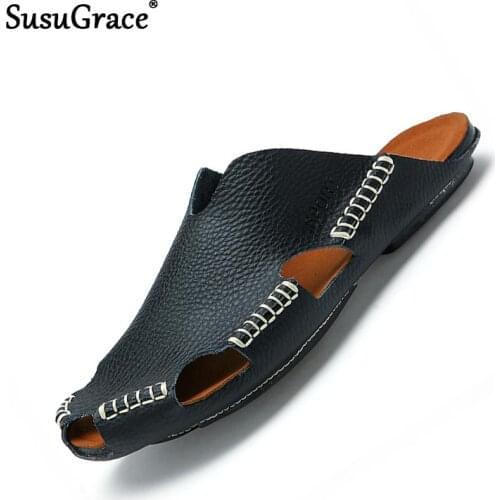 Susugrace 2021 Summer Men Sandals Casual Breathable Flats Sandals for Male Hot Sale Fashion Beach Men Slip-on Shoes Black Brown