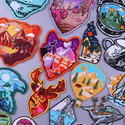 Animal Mountain Patch For Clothing Deer Wolf Natural Iron On Patches On Clothes Outdoor Travel Fusible Patch Stripes For Jackets