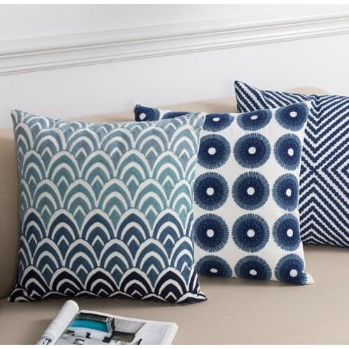 Nordic Blue Cushion Cover 45x45cm Cotton Canvas Geometric Embroidery Pillow Cover Home Decorative Pillows Bed Living Room Cojins