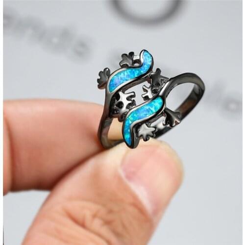 Punk Lizard Animal Engagement Ring Cute Female Blue Fire Opal Stone Ring Vintage 14KT Black Gold Wedding Rings For Women Jewelry