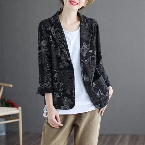 Leisure Cotton Printed Blazer Women Suit Collar Short Jacket Ladies Spring Loose Denim Coat Casual Long Sleeve Vintage Top zh221