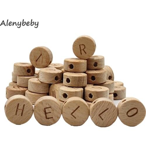 Oblate Wooden Alphabet Beads Chewable 15mm Letter Loose Bead Unfinished Beech Round Wood chip DIY Teething Accessories for Craft
