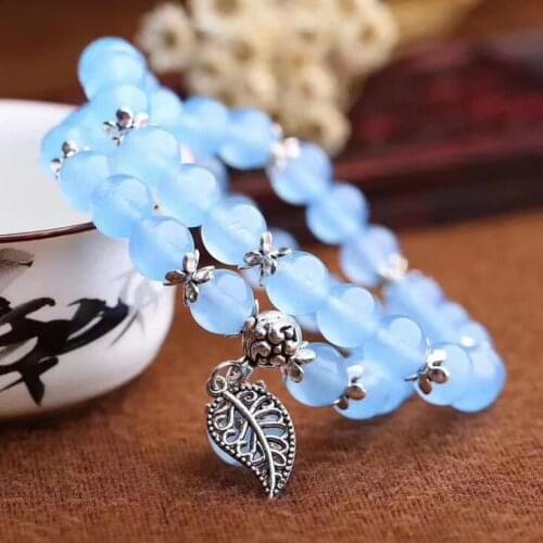 RongDe Blue Crystal Bracelets Round Beads Lucky Tibetan Silver Leaf Pendant for Women Crystal Bracelet Multilayer Jewelry