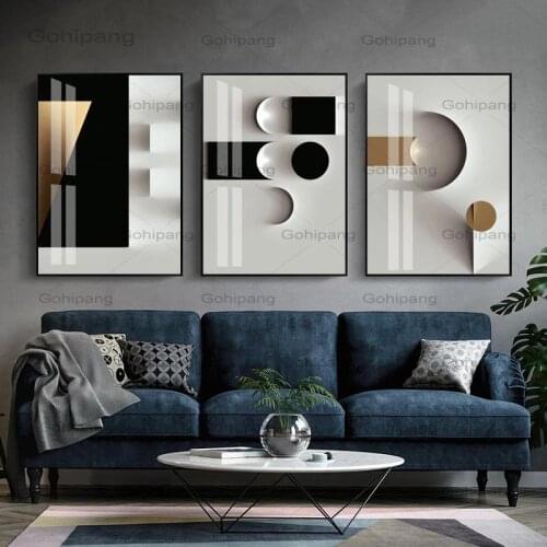 Modern Abstract Golden Stereo Canvas Painting Poster Print Nordic Living Room Bedroom Wall Art Black White Picture Home Decor
