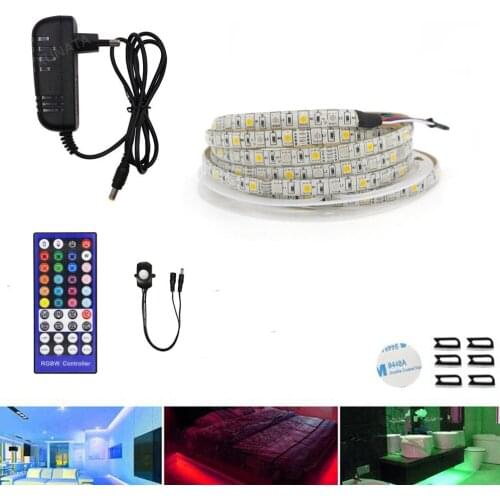PIR Motion Sensor LED Under Cabinet lamp 5050 SMD RGBW RGB+WW Flexible Under Bed LED Strip Stairs Bedroom Washroom Night Light
