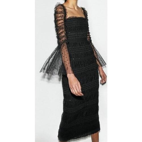 ZAWFL 2021 New Summer Woman Organza Dress Classic Dot Square Collar Flying Sleeve High Street Sequins Elegant Dresses