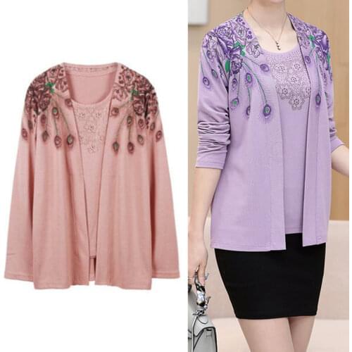 Female Cardigan 2020 Spring Middle-aged mother Long Sleeve floral Print Knitwear womens cardigan 2 pieces loose sweater set