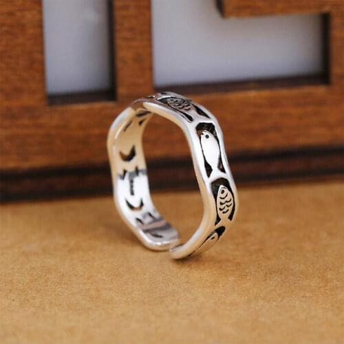 925 Sterling Silver Cute Fish Wave Adjustable Opening Ring Thai Silver Color Vintage Retro Jewelry For Women Men S-R270