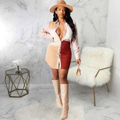 Color Block Spliced Women Blouse Shirt Dress Sexy Turn Down Collar Full Sleeve Bandage Dresses Autumn Fall Button Up Vestidos