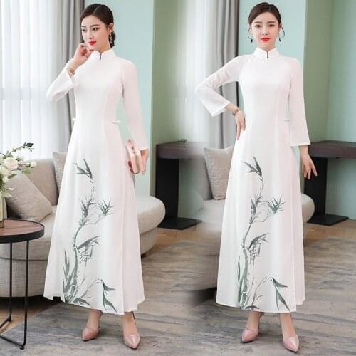 2019 Autumn New Women Robe Vintage Femme Stand Collar Long Sleeve White Double-Deck Loose Casual Elegant Chinese Dresses TA2104