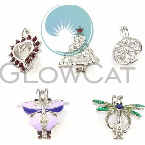 5X Colors Rhinestone Tree Insect Red Heart Beads Cage Perfume Diffuser Pearl Cage Locket Pendant New Year 22284
