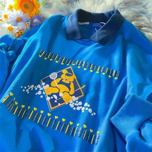 Retro Blue Gray Elegant POLO Shirt Bear Cartoon Sweatshirt Casual Oversized Tops Kawaii Clothes for Teens Korean Fashion E Girl