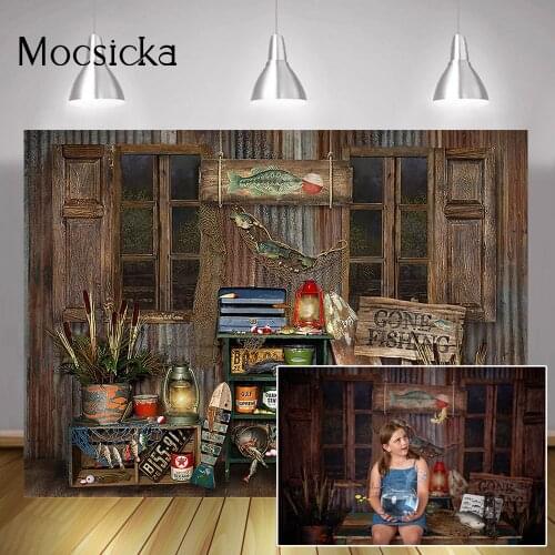 Gone Fishing Brown Rustic Wood Portrait Backdrop Photo Studio Bait Shop Sailing Adventure Birthday Cake Smash Background Props