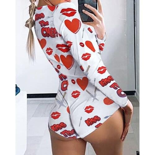 Imcute Valentines Day Sexy Women Printed Bodysuit Bodycon Stretch Leotard Crop Top Button Short Romper Pajamas Women Overalls