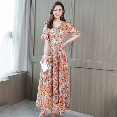 Summer Floral Vestidos Large Size V-neck Petal Sleeve Waist Middle-aged Mother Dresses High Waist Sleeve Casual Dress Cheap Z516