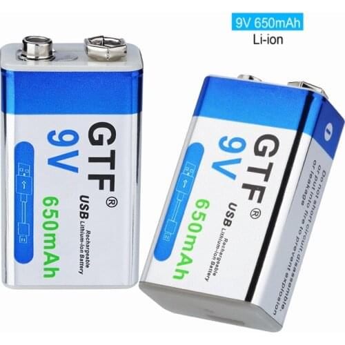 Lithium battery gtf 9v 650mah, 6f22 6lr61, refillable li-ion, for toys, massage, multimeters, guitar with usb cable