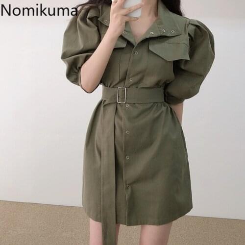 Nomikuma Fashion Elegant Woman Dress Puff Sleeve Turn-down Collar Dresses Korean Belt Slim Waist Single Breasted Vestidos 6H189