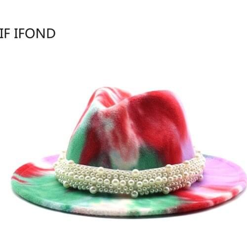 Fashion pearl wool Jazz Cap 2021 New Felt Fedora Hat For Men Women Wide Brim Tie dye Trilby Cap Party Formal Top Hat