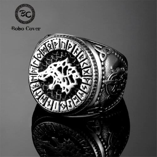 Retro Nordic Punk Celtic Wolf Head Men Ring Viking Vegvisir Amulet Statement Antique Steel Never Fade Punk Jewelry Drop shipping