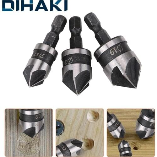 3pcs 1/4" Countersink Drill Bits Set 12mm 16mm 19mm 5 Flute Chamfering Cutter Hex Shank For Power Tool Wood and Metal Processing