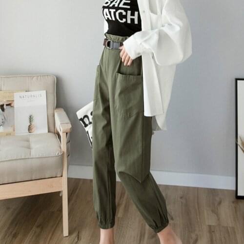 2021 New Cargo Pants with Belt Women Fashion Pockets Ruffled Trousers Lace Up Bow High Waist Streetwear Ankle-length Pants