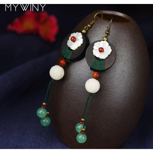 MYWINY New ethnic drop long dangle shell flower earrings for women, grenn stone beads vintage earrings,wooden earrings,gift girl