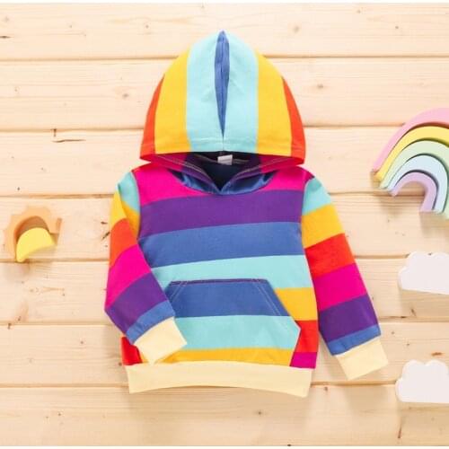 Bobora Autumn Kids Girls Rainbow Striped Hooded Color-blocking Long-sleeved Sweater Pocket Tie Dye Drop Shoulder Sweatshirt