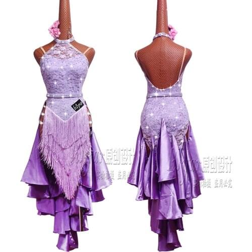 New Latin Dance Dress Competition Dress Costumes Skirt Performing Dress Rhinestones Adult Customize Children Purple Tassel Skirt