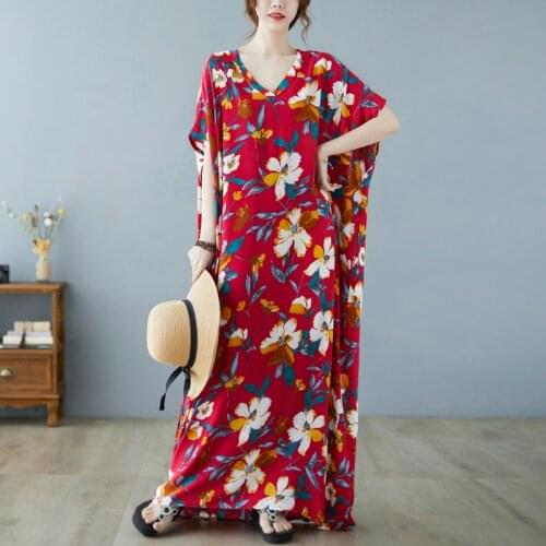 New Women Clothing Dress Plus Size 4xl 5xl 6xl Cotton Long Dresses Female Vintage Loose Oversize Red Boho Beach One-Piece Dress