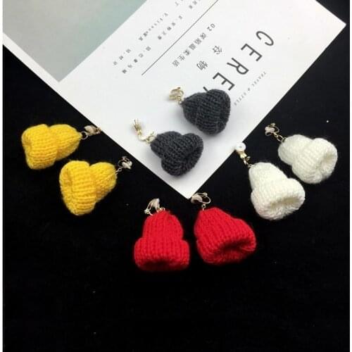 Autumn Winter New Style Cute Little Wool Hat Design Funny Earrings Women Girls Ear Clip on Earrings Non Pierced Ear Cuff